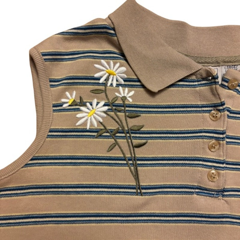 Vintage Embroidered Daisy Patch Striped Sand/Blue Cotton Quarter Button Down Sleeveless Shirt (Large)