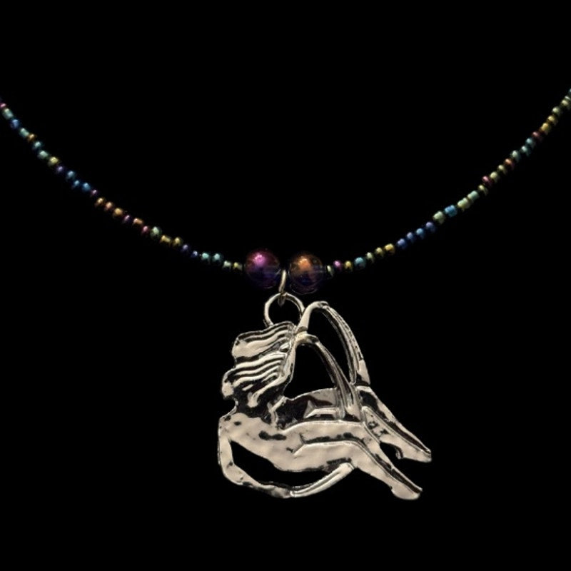 OOAK Metallic Purple/Blue/Green Beaded Silver Gemini Pendant Necklace