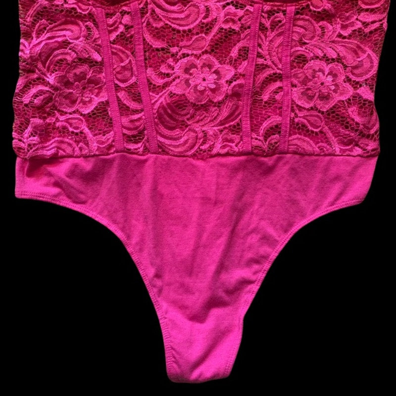 Hot Pink Lace Spaghetti Strap Bustier Bodysuit  (XL)