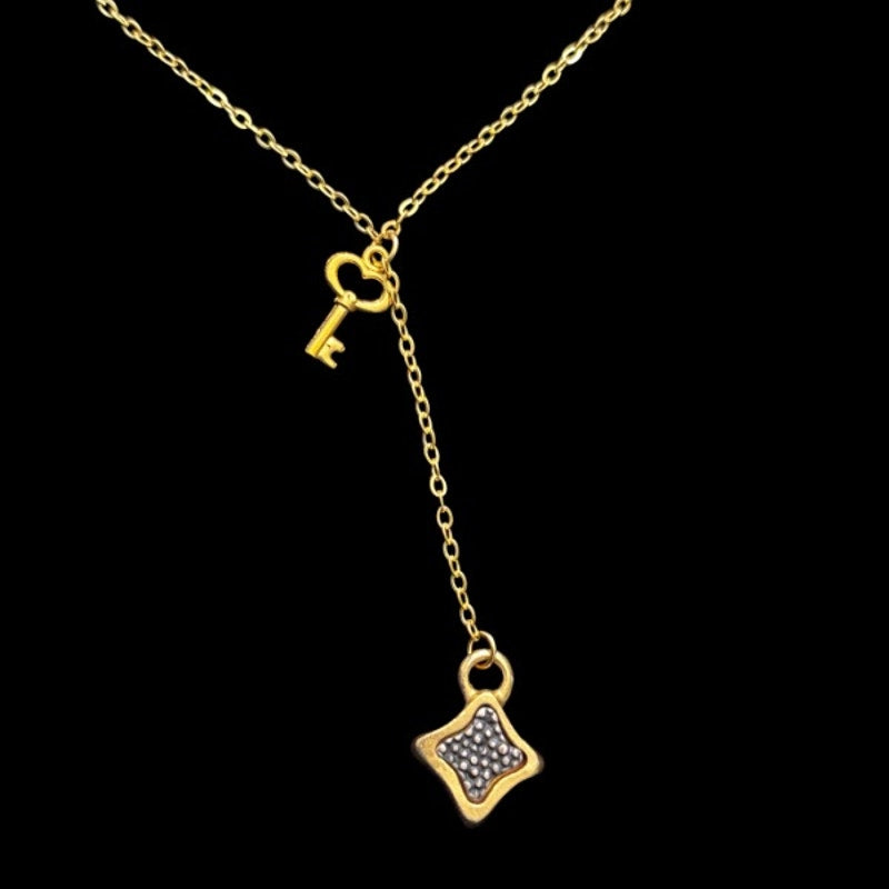 Gold Toned Key & Abstract Diamond Charm Layered Drop Pendant Necklace