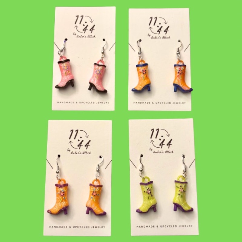 Orange/Purple Handpainted Y2K Floral Cowgirl Boot Charm Earrings