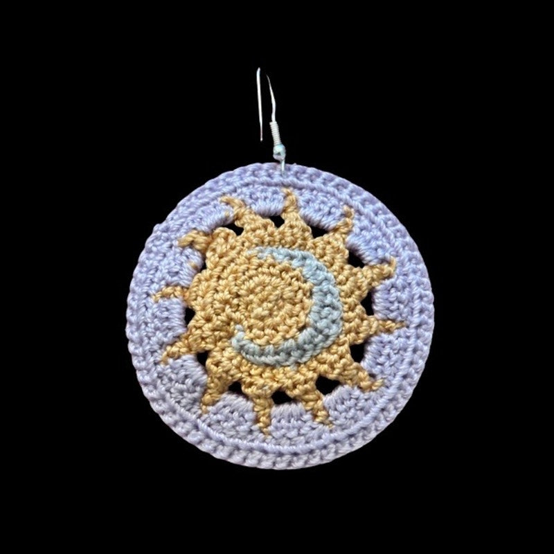 Lavender Sun and Moon Micro-crocheted Disc Earrings | Made by Maya
