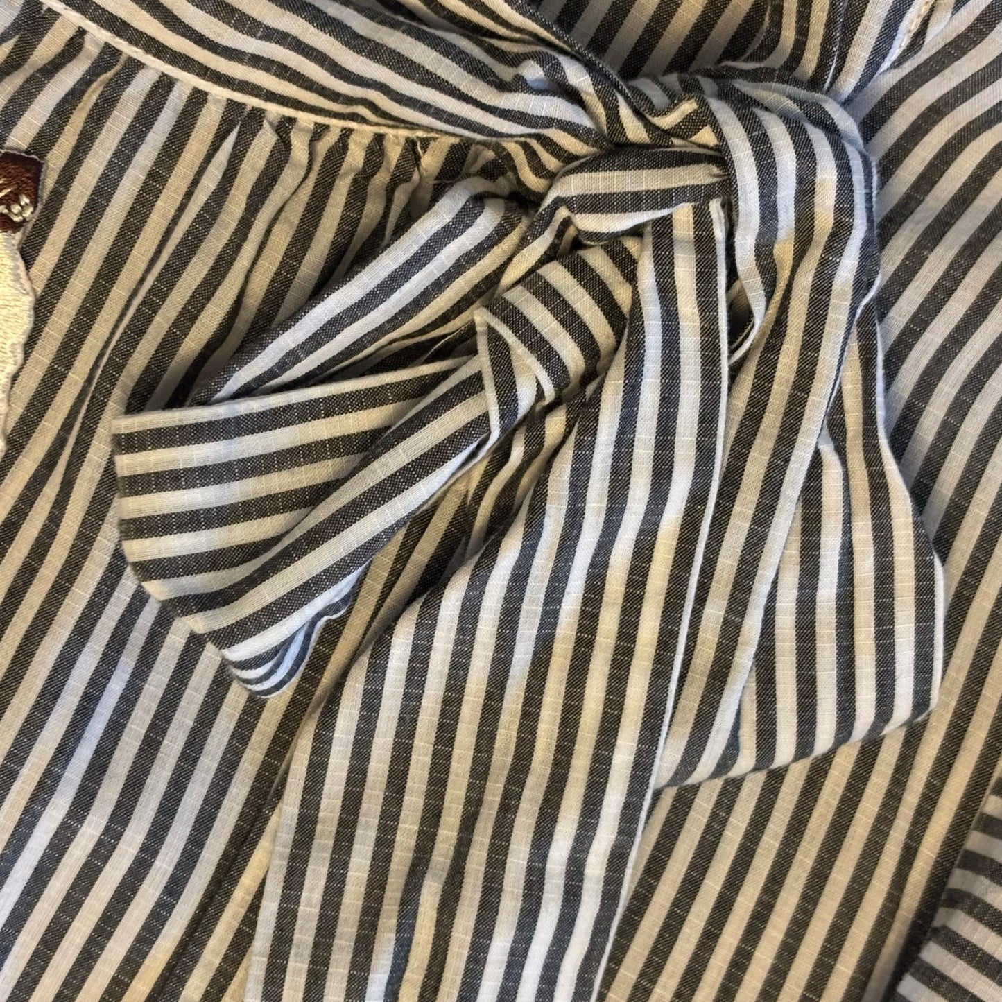 Vintage Cat Patch Flutter Cap-Sleeve Mock Neck Striped Blue and White Pussy Bow Cotton Top (L)