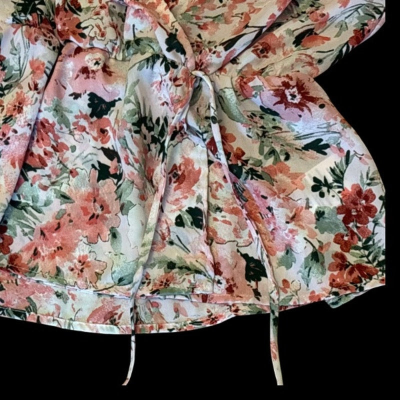 NWT Pink & Green Watercolor Floral Sleeveless Wrap Blouse (Large)
