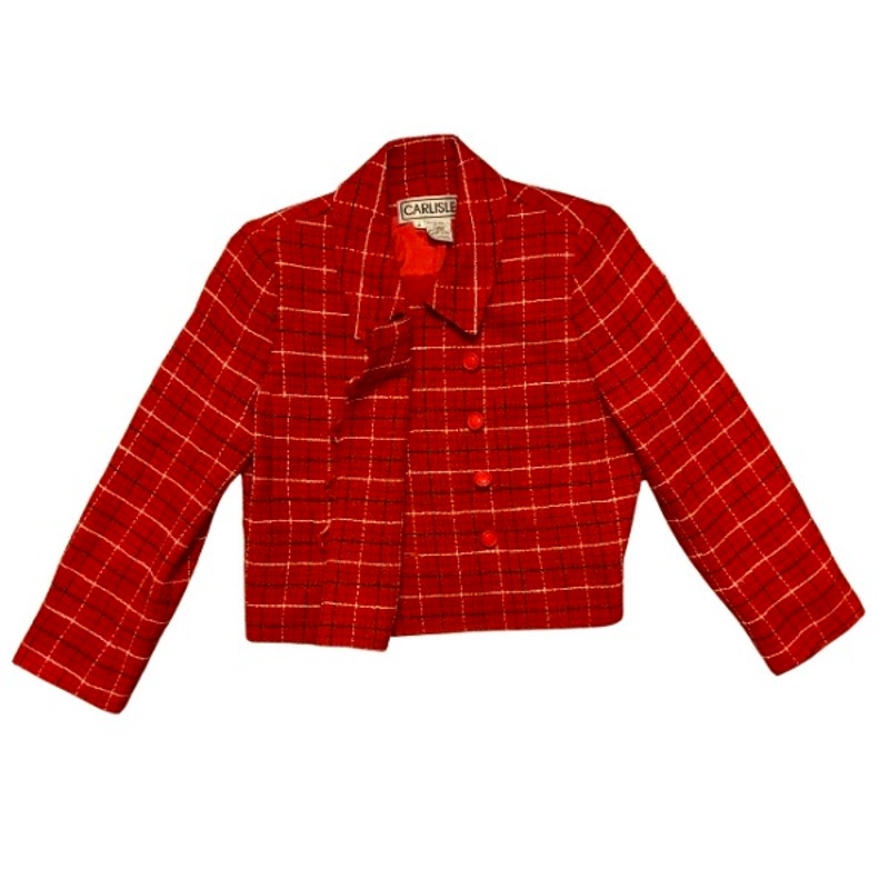 Vintage Red White and Blue Plaid Wool Blend Tweed Cropped Jacket (S/M)