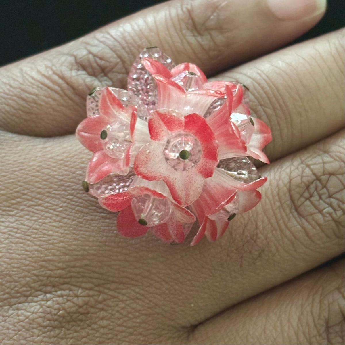 Pink Lily Cluster Upcycled Vintage Earring Ring (7-8)