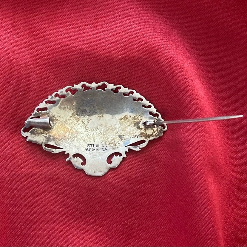 Vintage Black & Silver Siam Niello Sterling Silver Dancers Filigree Fan Brooch