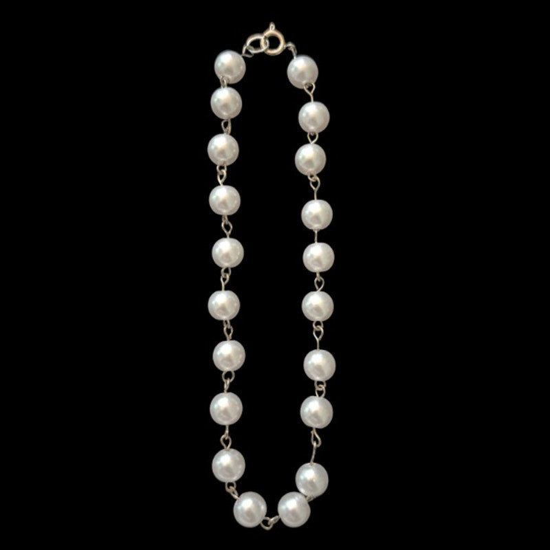 Silver White Pearl Beaded Chain Anklet (L)