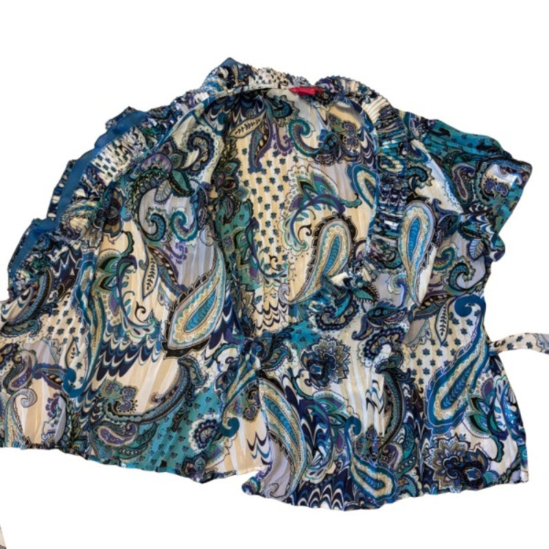 Y2K Sheer Blue Paisley Ruffle Collar Short Sleeve Wrap Top (L)