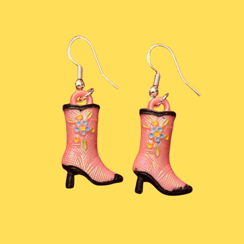 Pink/Black Handpainted Y2K Floral Cowgirl Boot Charm Earrings