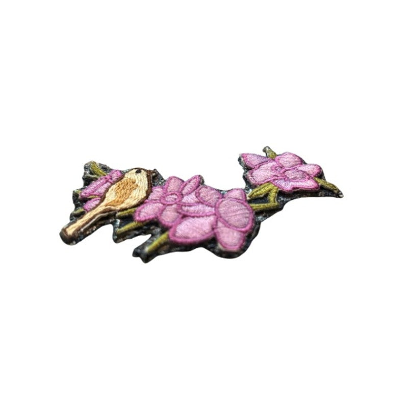 Bird and Purple Flowers Vintage Embroidered Patch Pin