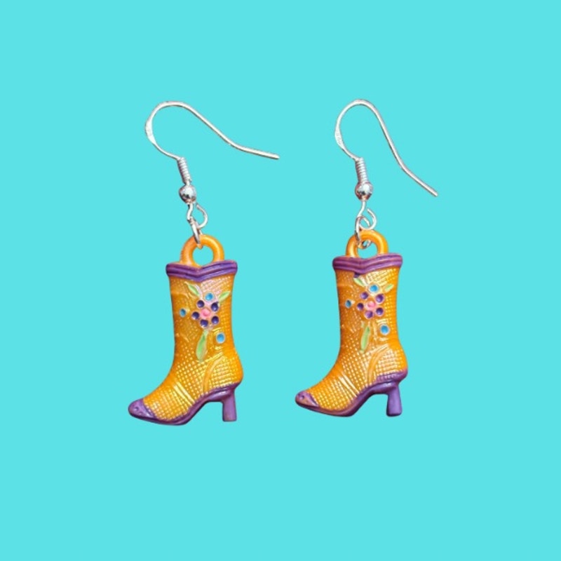 Orange/Purple Handpainted Y2K Floral Cowgirl Boot Charm Earrings