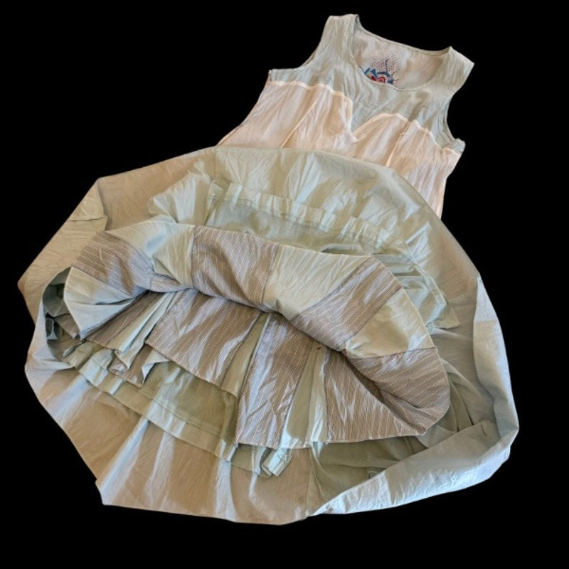 C’est Fait Pour Vous Y2K Light Blue and White Pinstriped Drop Waist Handkerchief Hem Fairy Dress (S/M)