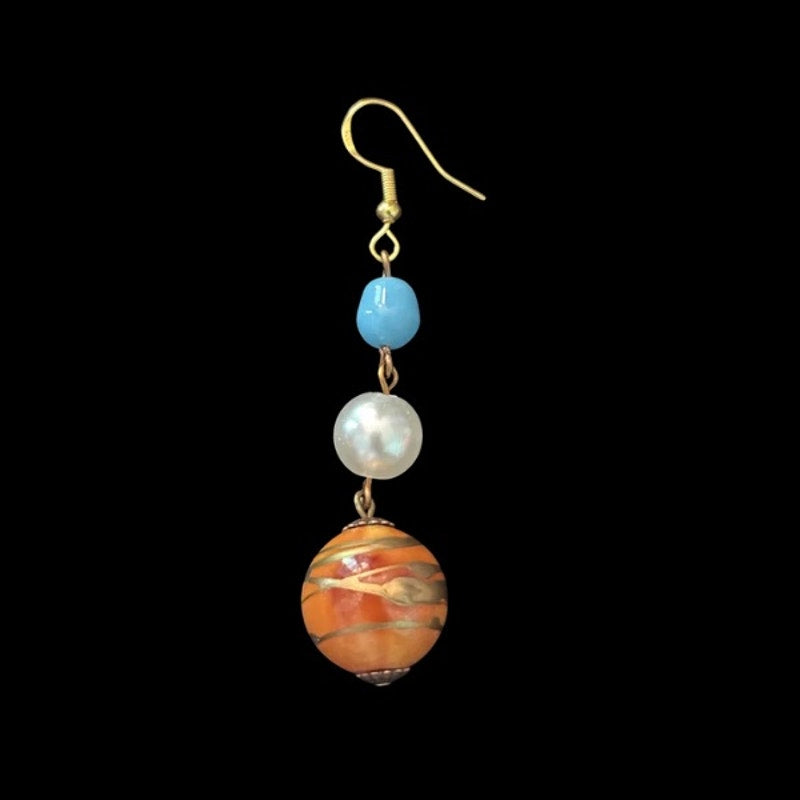 Baroque-inspired Gold/Orange, Faux Pearl & Turquoise Beaded Drop Earrings