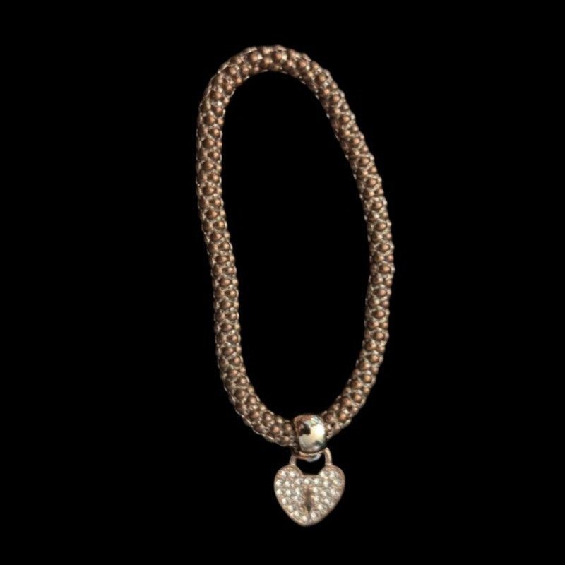 Rhinestone-Studded Heart Lock Charm Costume Rose Gold Stretch Bracelet