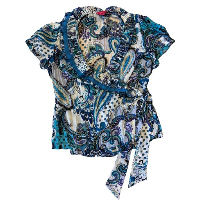Y2K Sheer Blue Paisley Ruffle Collar Short Sleeve Wrap Top (L)