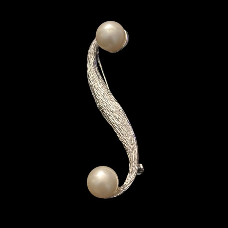 Vintage S-curve Silver and Faux Pearl Bead Brooch Pin