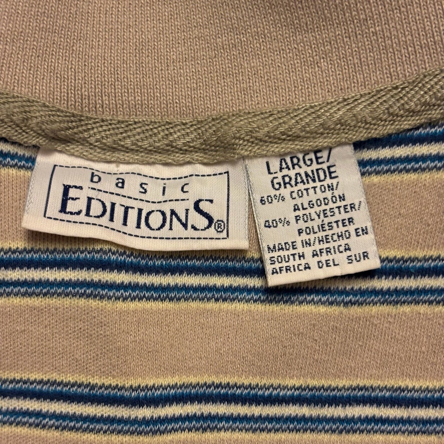 Vintage Embroidered Daisy Patch Striped Sand/Blue Cotton Quarter Button Down Sleeveless Shirt (Large)