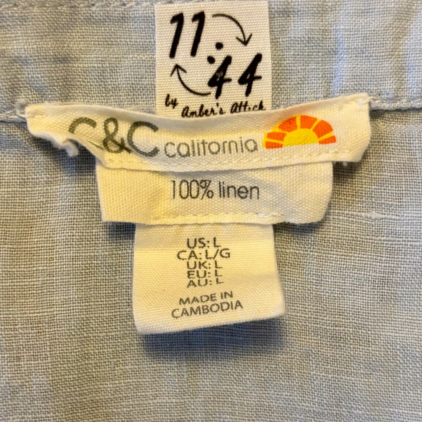 Vintage Sun & Moon Patch Sky Blue Linen Button Down Short Sleeve Shirt (Large)