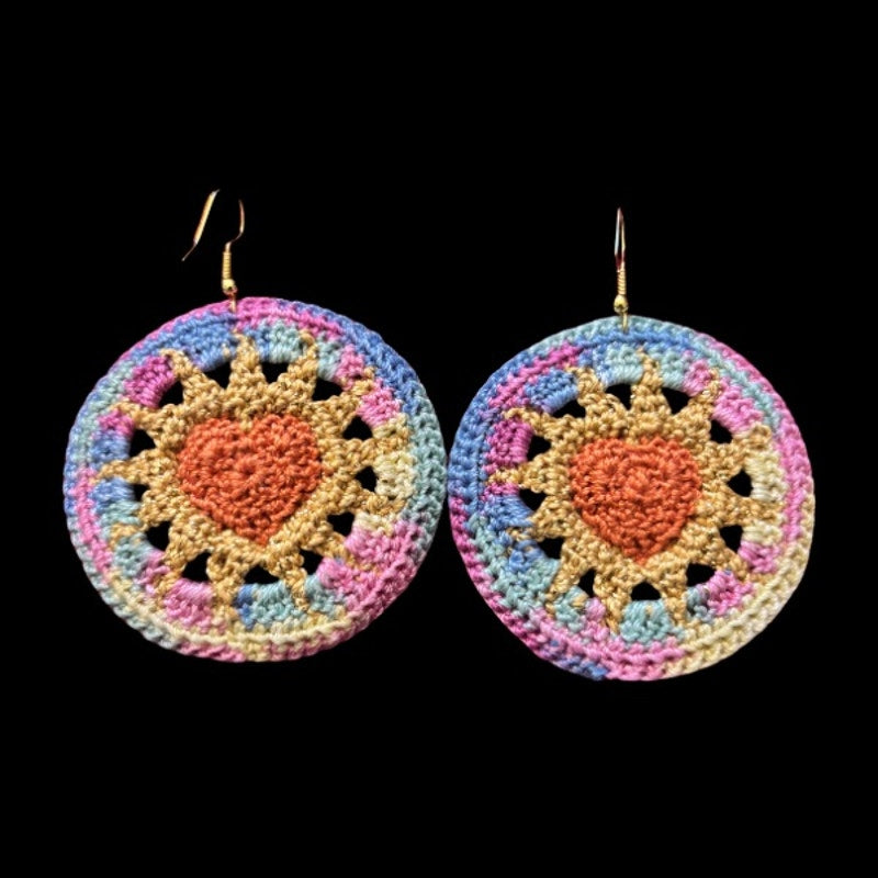 Orange, Gold, & Rainbow Hearts on Fire Micro-crocheted Disc Earrings