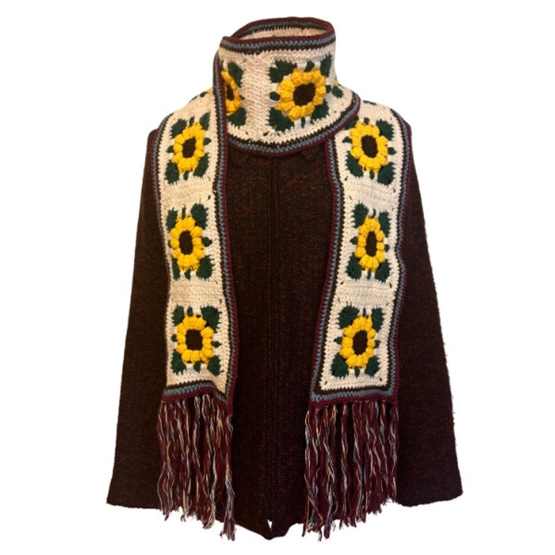Extra-Long Crocheted Sunflower Granny Square Scarf w/ Multicolor Fringe