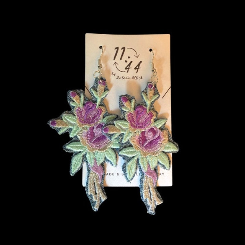 Vintage Purple/Silver Rose Bouquet Embroidered Patch + Denim Earrings