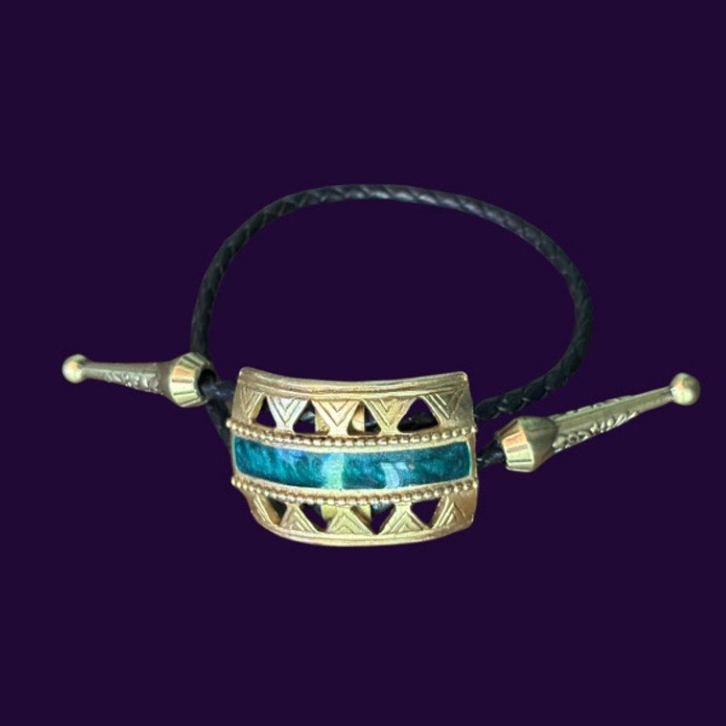 Upcycled Vintage Art Deco Gold and Green Curved Rectangle Bar Bolo Bracelet