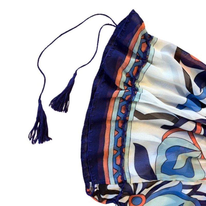 Sheer Orange/ Purple/ White Floral Print Short Sleeve Peasant Babydoll Top (L)