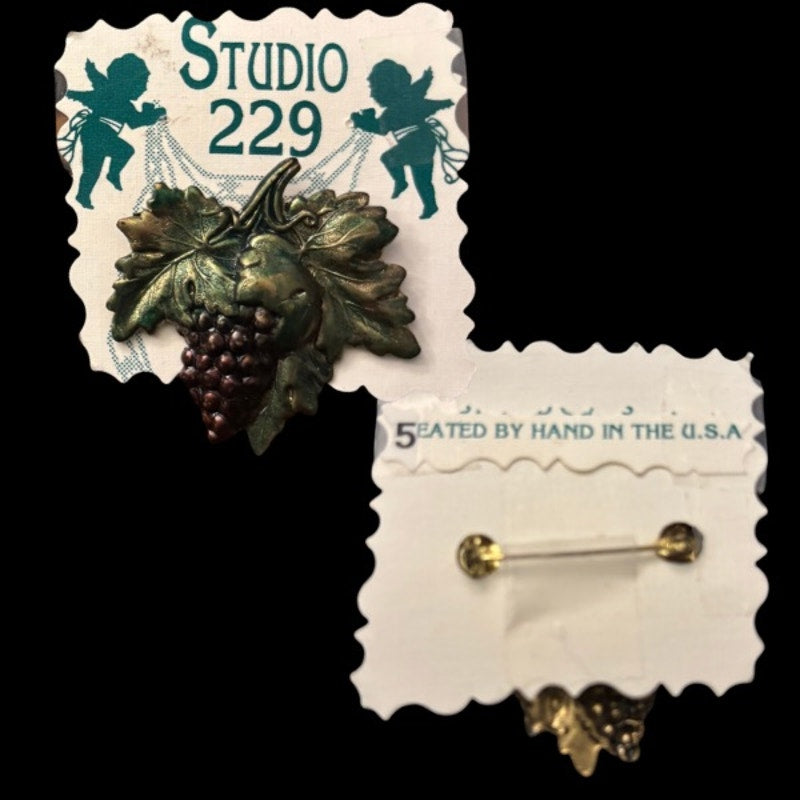 Vintage Studio 229 Brass Grapevine Bunch of Red Grapes Brooch Pin