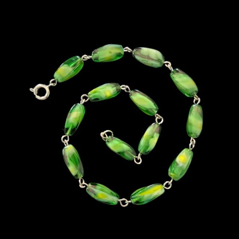 Marbled Green Sea Glass Beaded Chain Anklet (XL)