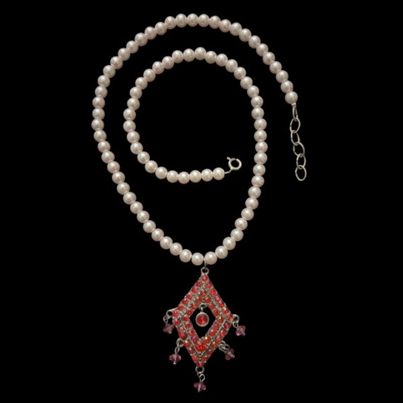 Vintage Hot Pink Rhinestone-Studded Diamond Pendant Pastel Pink Pearl Beaded Necklace