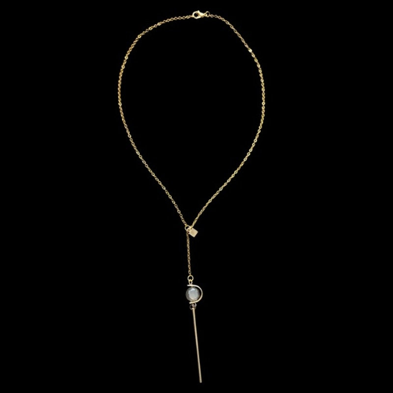 Gold Cube and Abstract Ice Blue Bead Drop Earring Layered Pendant Necklace
