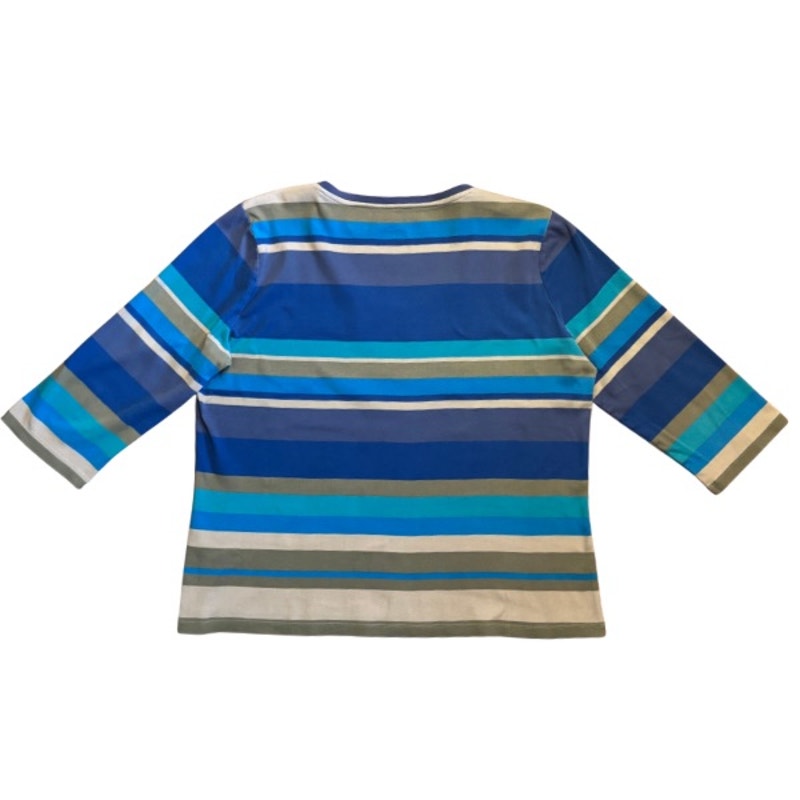 Vintage Sun and Moon Patch Blue/Green Striped 3/4 Sleeve Cotton V-Neck Top (L-XL)