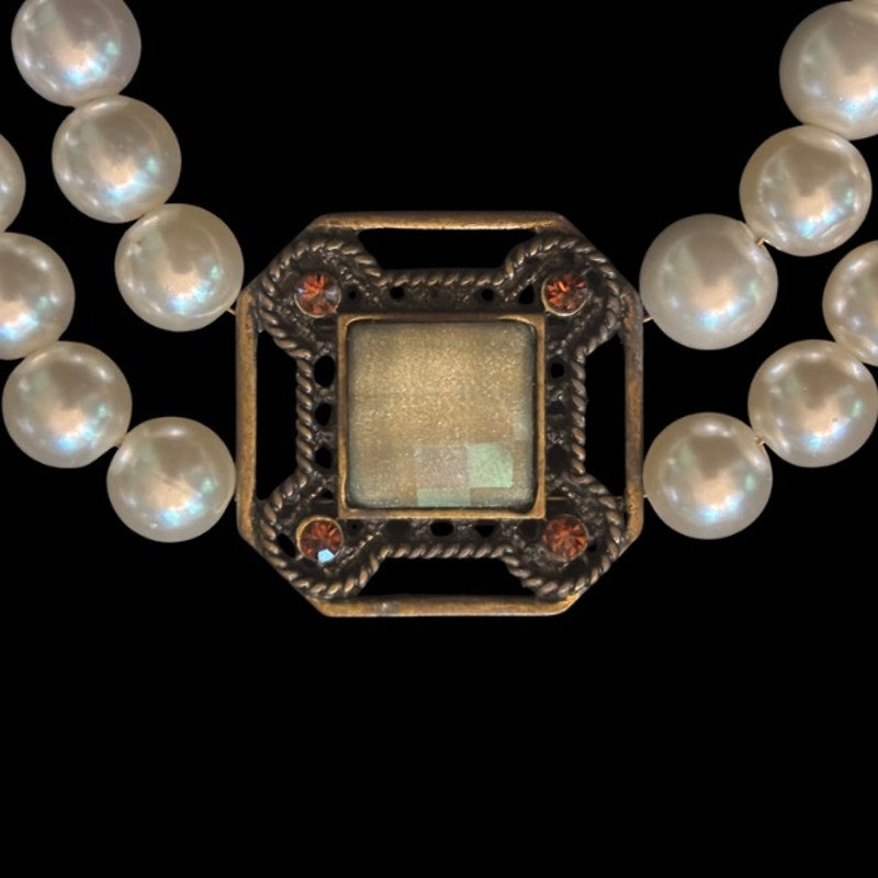 Double Strand Pearl Necklace with Square Vintage Costume Jade & Amber Rhinestone Studded Bronze Pendant