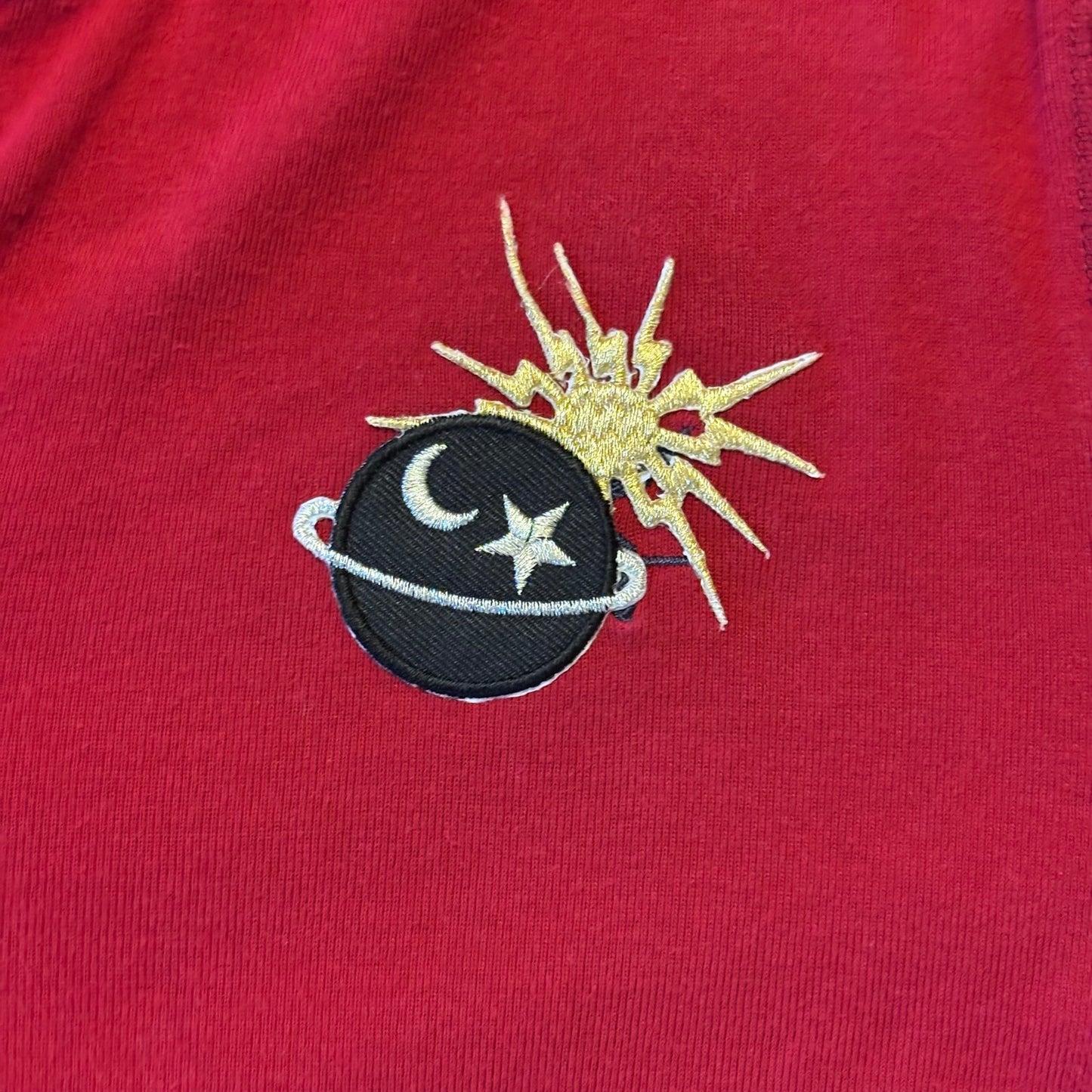 Vintage Embroidered Star Planet Patch Wine Red 1/4 Button Down Cotton Short Sleeve Shirt (L)