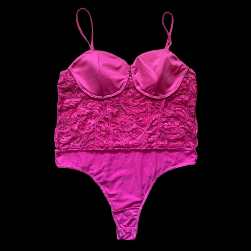 Hot Pink Lace Spaghetti Strap Bustier Bodysuit  (XL)