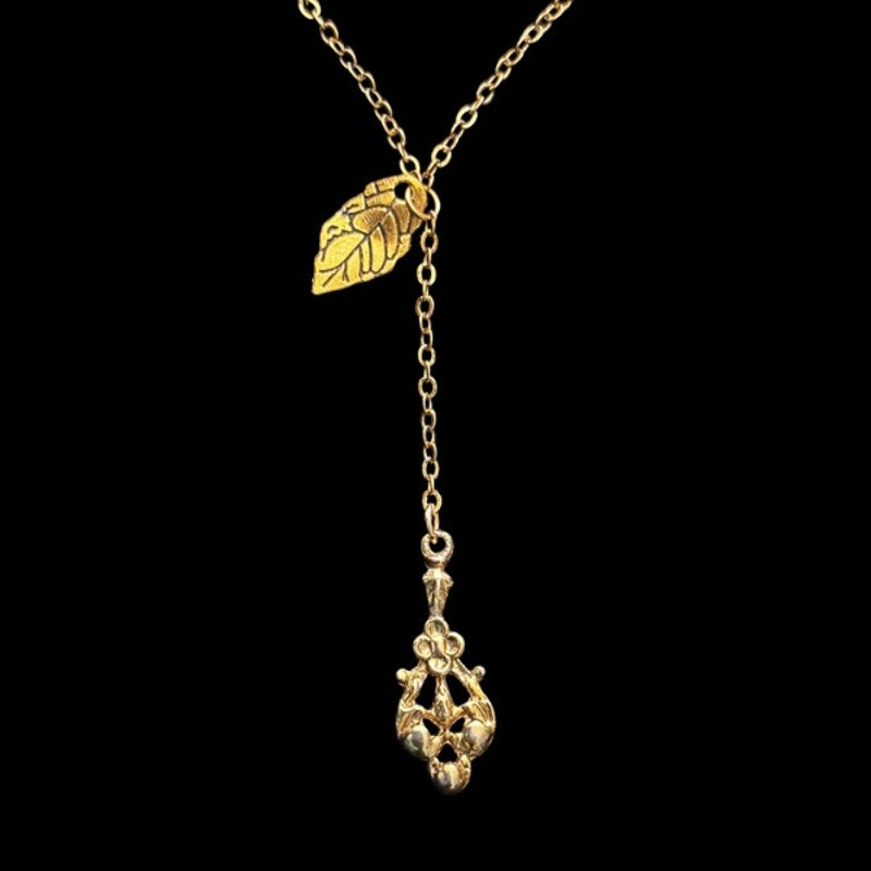 Gold-Toned Leaf & White/Green/Gold Filigree Charm Layered Drop Pendant Choker Necklace