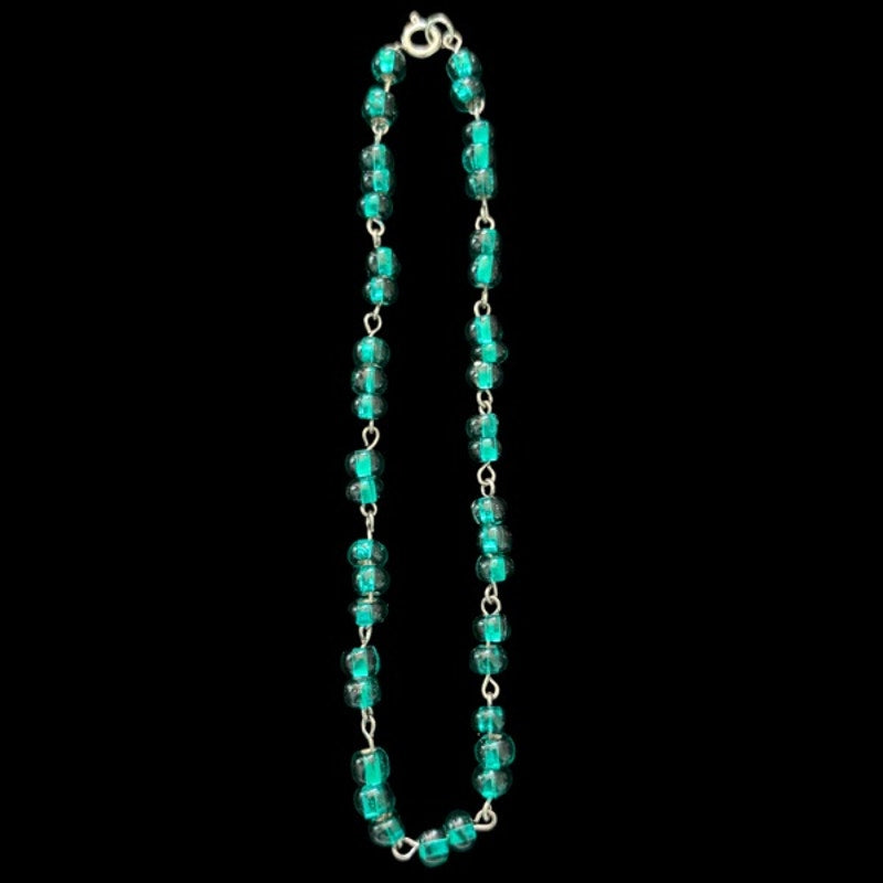Teal Green Glass Beaded Chain Anklet (XL)