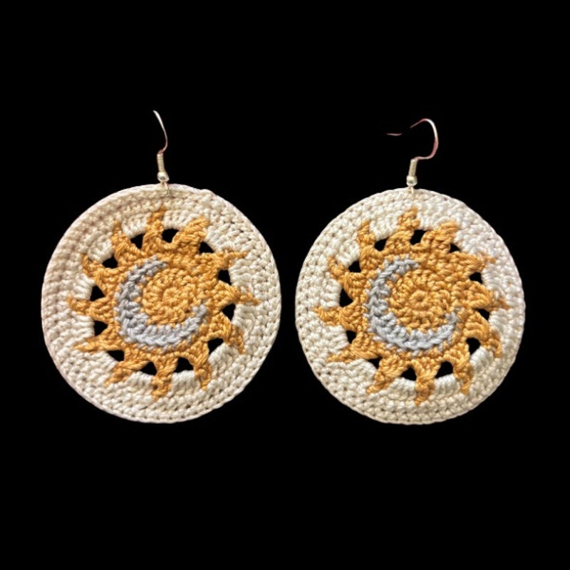Cream Sun and Moon Micro-crocheted Disc Earrings | Made by Maya