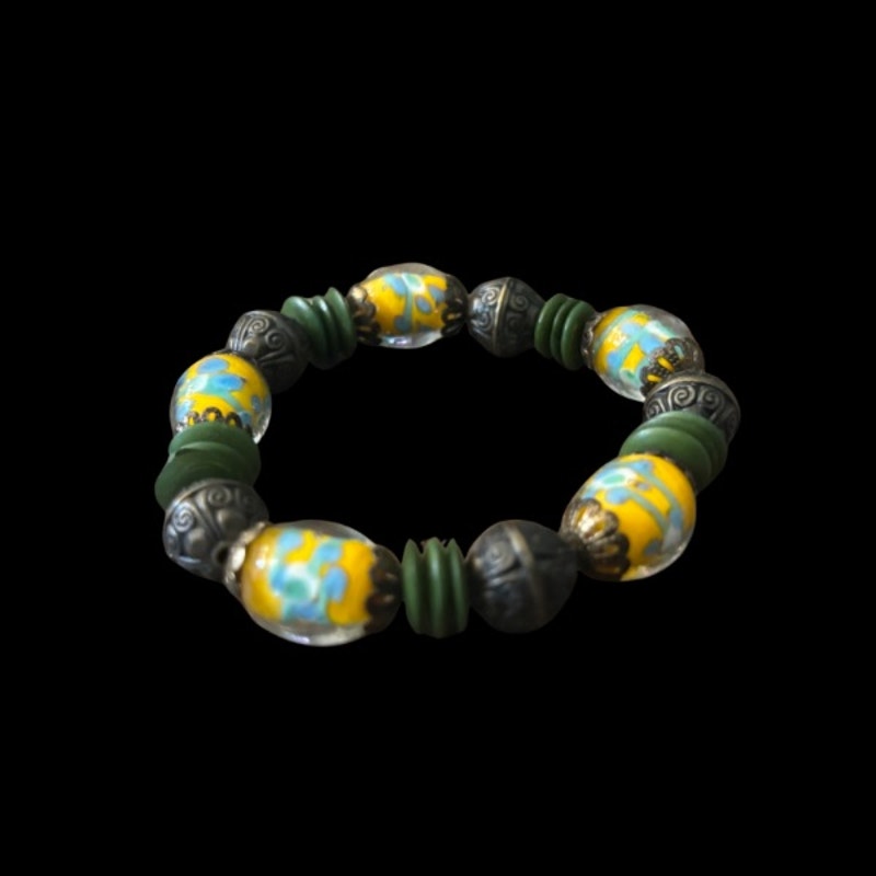 Vintage Yellow & Blue Murano Glass & Forest Green Bead Stretch Bracelet