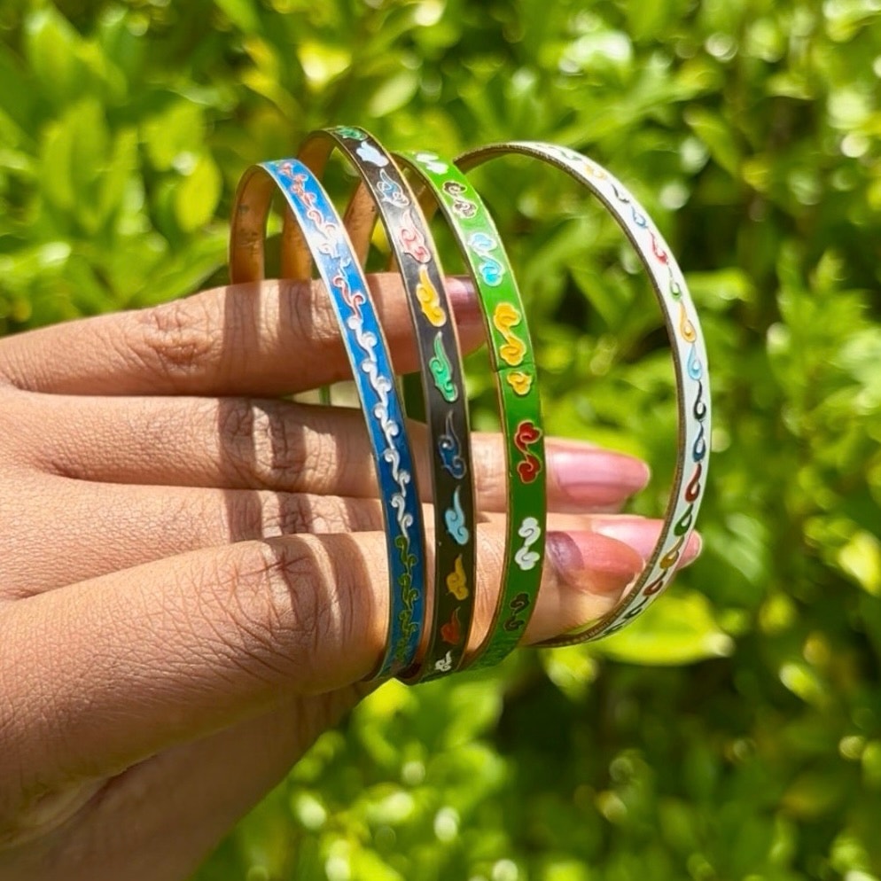 Green/Multi Scroll Vintage Cloisonné Brass & Enamel Bangle (Small)