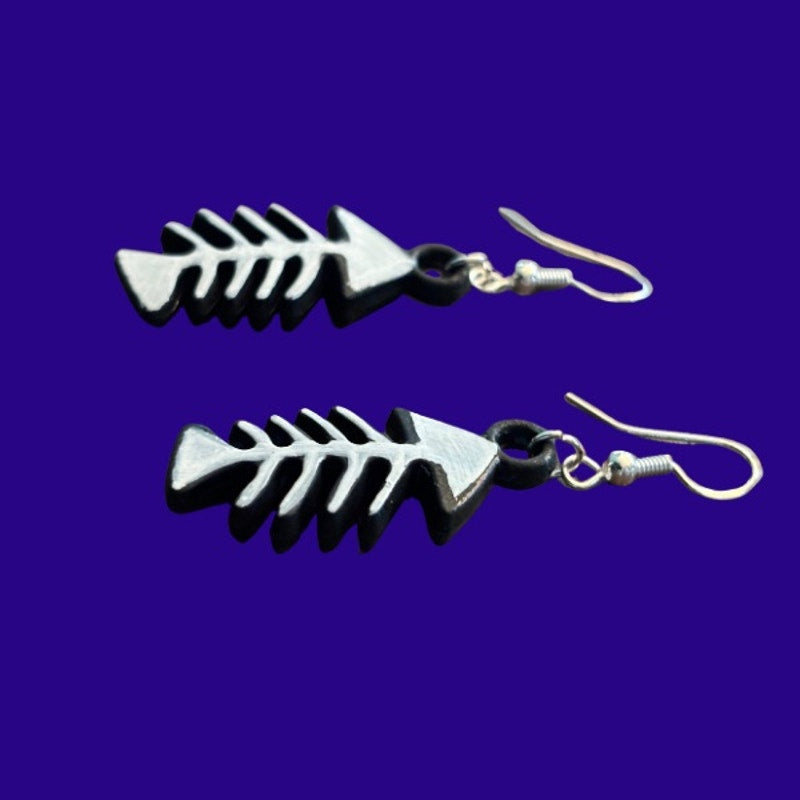 Black and White Handpainted Y2K Fish Skeleton Charm Earrings