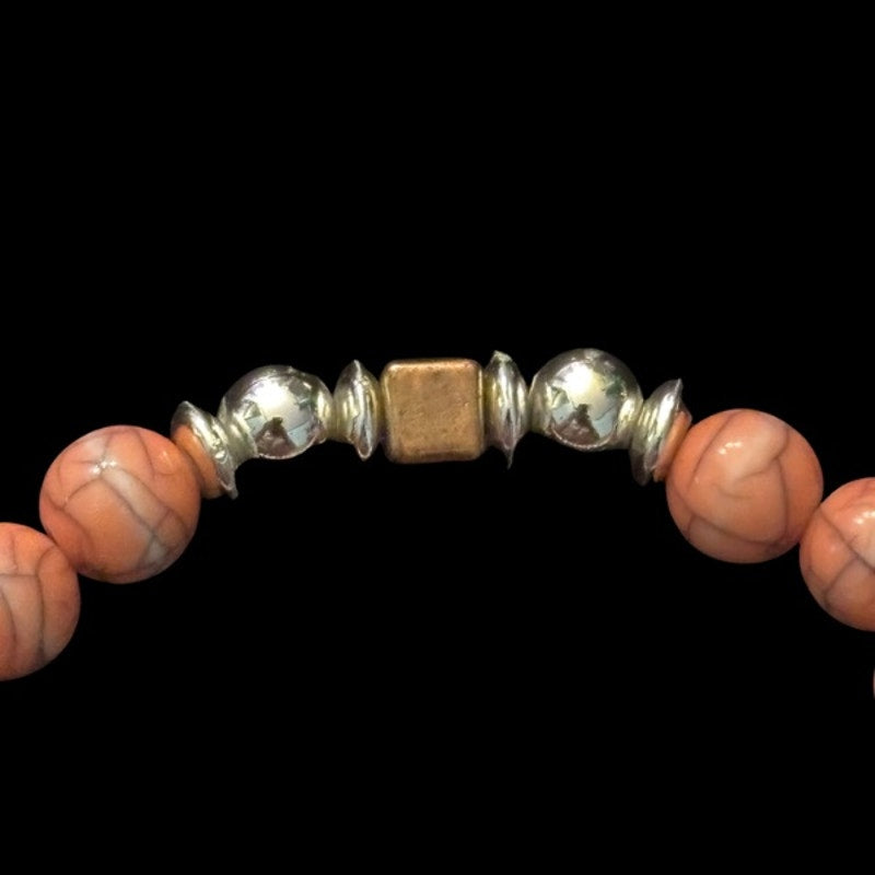 Vintage Costume Pink Marble, Brass, & Silver Bead Stretch Bracelet
