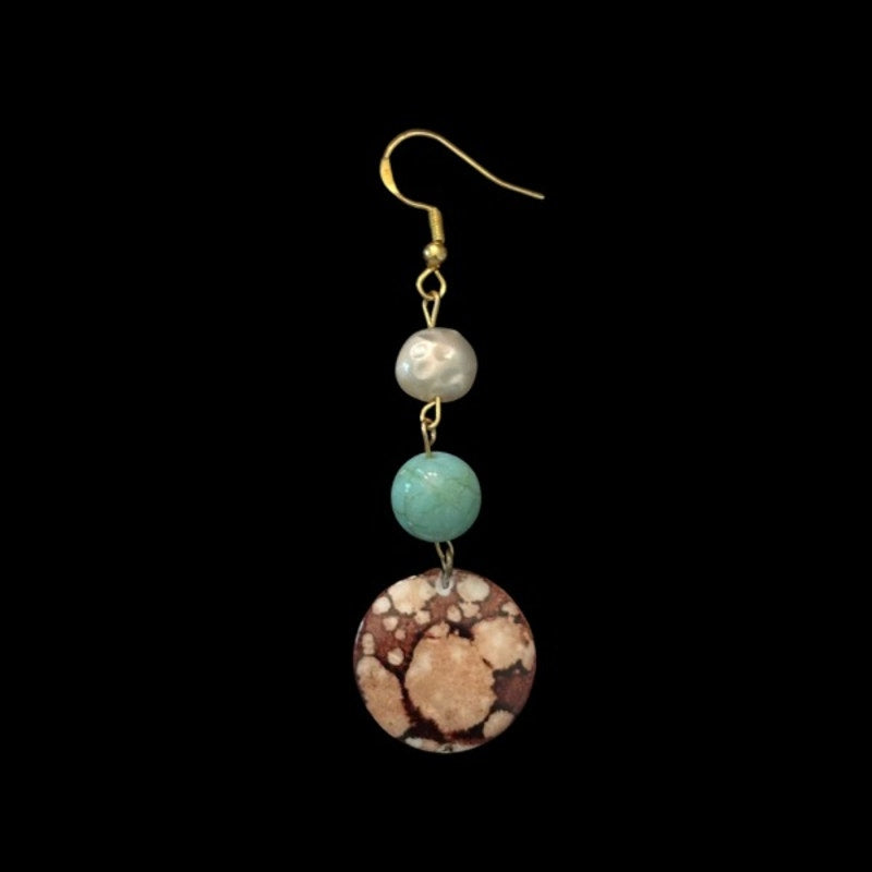 Baroque-Inspired Costume Pearl, Turquoise, & Brown Jasper Shell Bead Drop Earrings