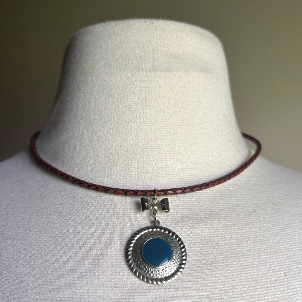 Silver & Blue Disc & Bow Pendant Leather Cord Choker Necklace