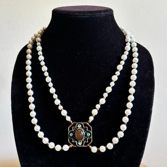 Double Strand Pearl Necklace with Square Vintage Costume Oval Amber, Sapphire & Clear Rhinestone Studded Bronze Pendant
