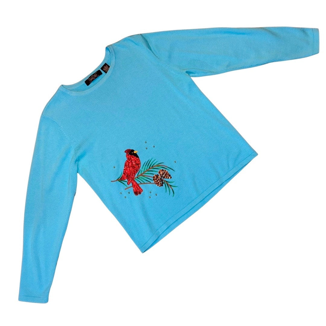 Y2K Aqua Blue Sequin Embroidered Red Cardinal in the Pines Sweater (M)