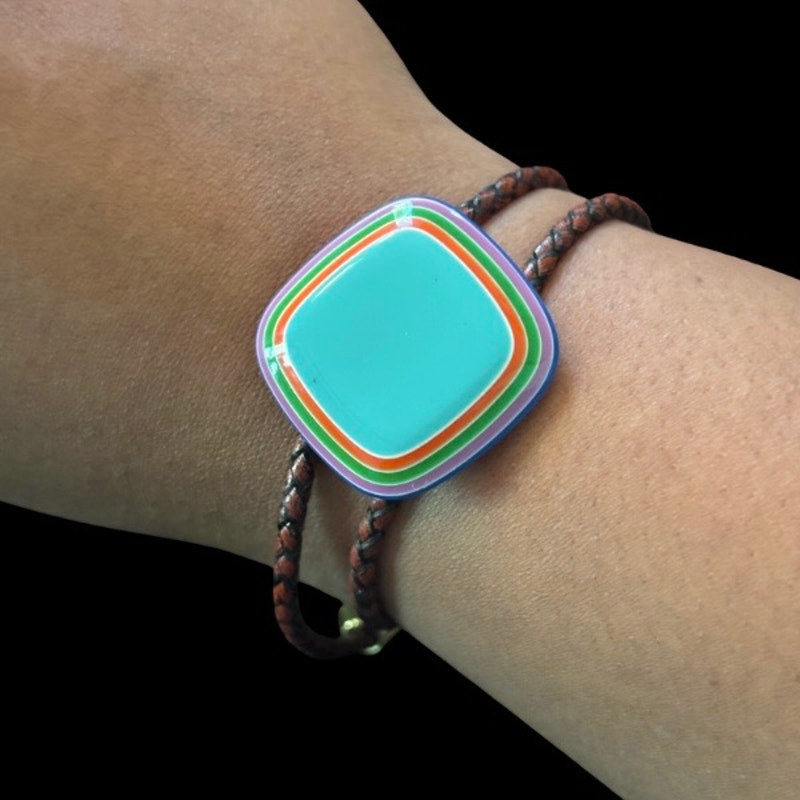 Upcycled Vintage Turquoise Blue/Multi Striped Border Square Bolo Bracelet