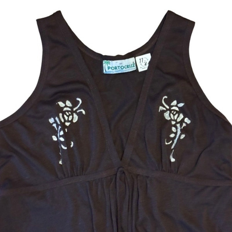 Y2K Chocolate Brown Painted Roses Halter-Style Babydoll Mini-Dress (M)