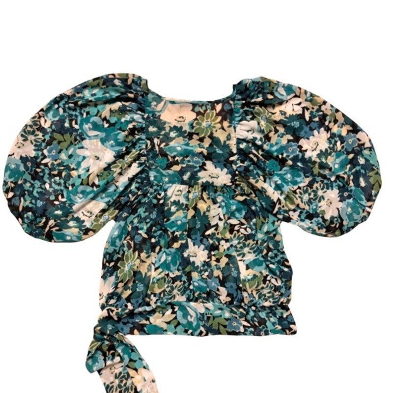 Sheer Blue/Green Floral Puffed Sleeve Peasant Top w/ Sash (L)
